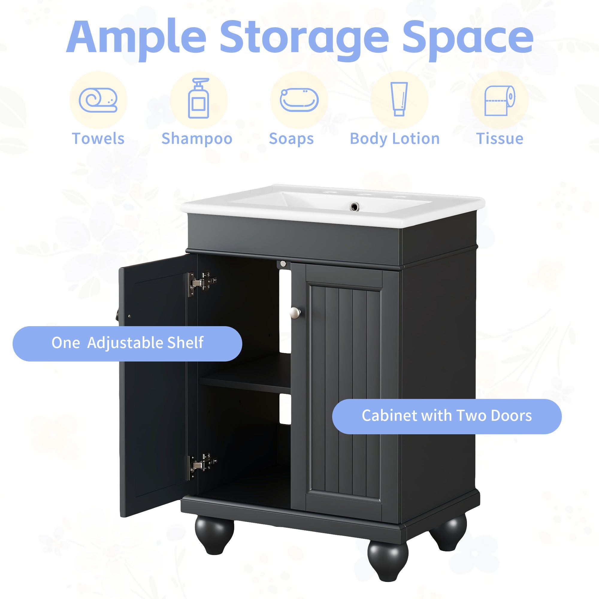 24" Modern Sleek Bathroom Vanity Elegant Ceramic Sink with Solid Wood Frame, Adjustable Shelf